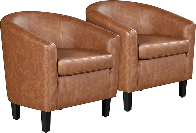 Yaheetech Brown Accent Chairs Set of 2, Faux Leather Barrel Chairs, Comfy Modern Leather Club Armchairs with Soft Seat for Living Room Bedroom Reading Waiting Room, Brown