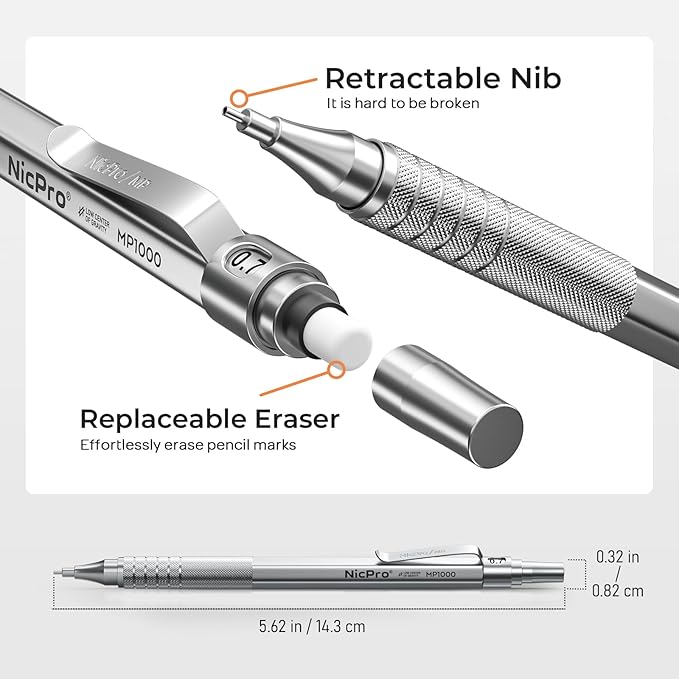 Nicpro 33PCS Metal Mechanical Pencil Set in Leather Case, Art Drafting Pencil 0.3, 0.5, 0.7, 0.9 mm, 2mm Lead Pencil Holders for Sketching Drawing With 18 Tube (6B 4B 2B HB 2H 4H Colors) Lead Refills