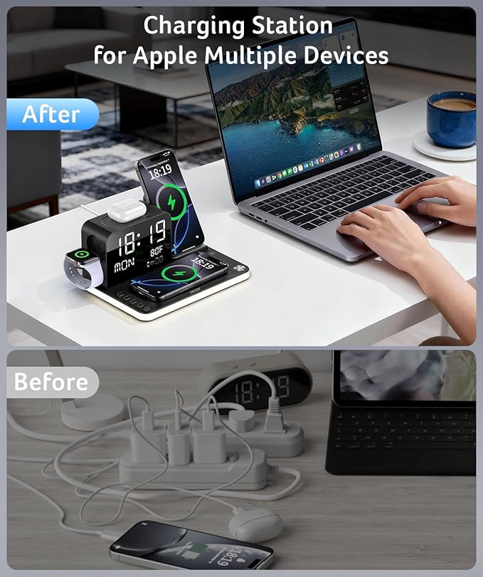 acer 7-in-1 Wireless Charging Station: Charger Stand for Multiple Devices for Apple - iPhone 16 15 14 13 12 Pro Max Apple Watch Airpods, Wireless Charger iPhone Charging Station with Bluetooth TimeSyn