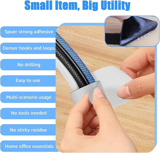 80PCS Hook and Loop Cable Ties, Hook and Loop Cable Straps, Under Desk Cable Management, Adhesive Cable Clips, Sticky-Back Cord Organizer for Desk, Household & Office Organization (White)