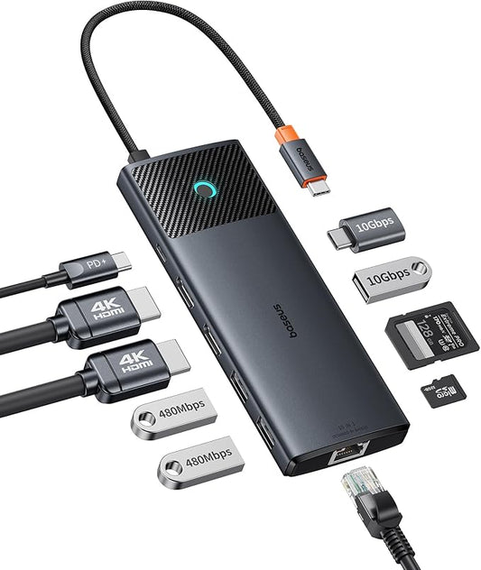 Baseus Docking Station Dual Monitor,10Gbps 10 in 1 Docking Station with 2 HDMI Single 4K@120Hz, Dual 4K@ 60Hz,10Gbps USB C and USB A, Gigabit Ethernet, PD 100W, SD/TF for iPhone 15/Mac/Dell/HP/Lenovo