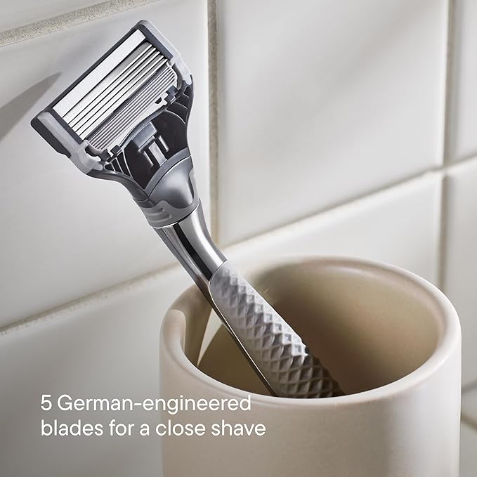 Harry's Original Shaving Kit for Men - Razor Handle, 5 Razor Blade Refills, Foaming Shave Gel, Travel Blade Cover - German Engineered - Chrome Edition