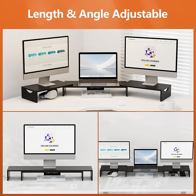 Triple Monitor Stand Riser, Extra Long Monitor Riser for 1~2~3 Monitors, Dual Monitor Stand with Length and Angle Adjustable, 3 Shelf Monitor Stand for Desk