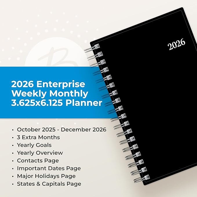 Blue Sky 2026 15-Month Weekly and Monthly Mini Planner Calendar, Includes October 2025 - December 2026, 3.625" x 6.125", Flexible Cover, Wirebound, Laminated Tabs, Enterprise