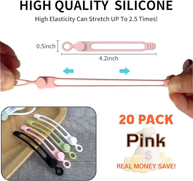 [20Park]UMUST Silicone Cable Ties, Reusable Cable Management Organizer,Cable Straps,Cord Ties,Multipurpose Elastic Cord Organizer for Bundling and Fastening Cable Cords Wires(pink)