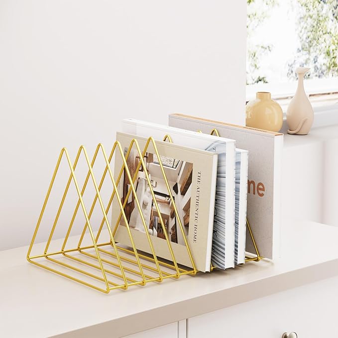 Urban Deco Triangle Desk Organizers Metal Wire Magazine Holder 10 Sections Decorative File Folder Organizer Vinyl Record Storage Office File Organizer For Desk - Gold Magazine File Holder