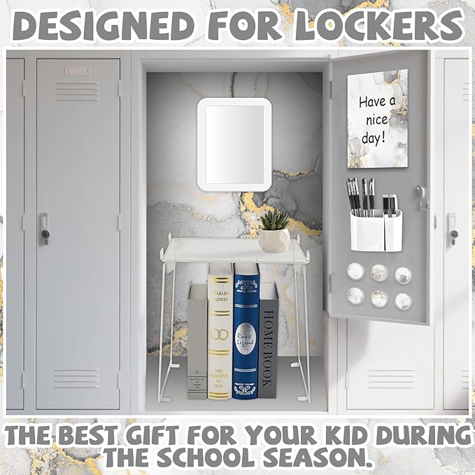 White Locker Accessories and Organizer Kit Include Marble Print Wallpaper Magnetic Mirror Whiteboard Pen Holder Magnet Locker Shelf Essentials for Back to School Supplies