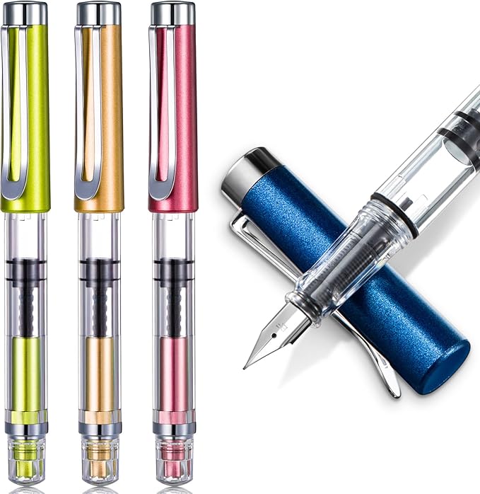 Epakh 4 Pieces Refillable Fountain Pen Transparent Piston Pen Extra Fine Filling Fountain Stationery for Calligraphy Painting, Drawing, School, Scrapbook and Sketch Signature