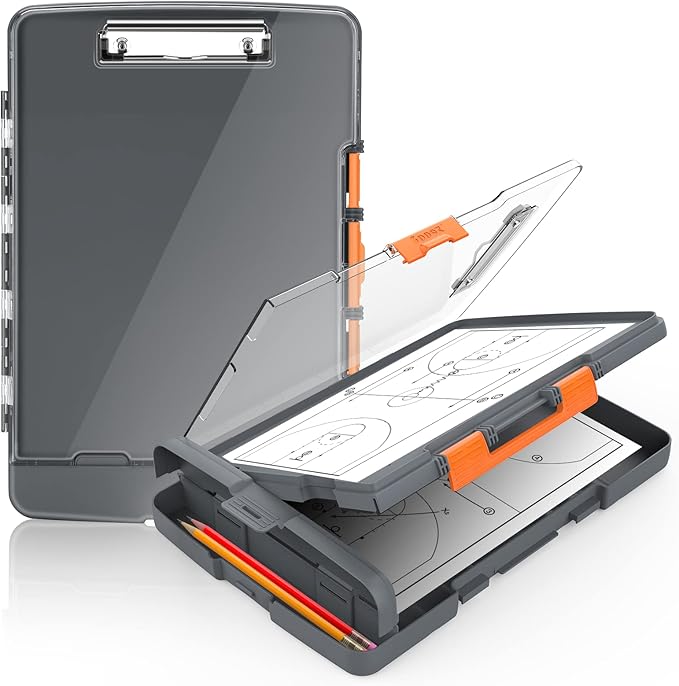 Sooez Original Clipboard with 2 Storage & Pen Holder, Heavy Duty Clip Boards 8.5x11 with Dual Storage, Clearview Dry Erase Coach Clipboard with Real Hinge, High Capacity, School & Office Supplies