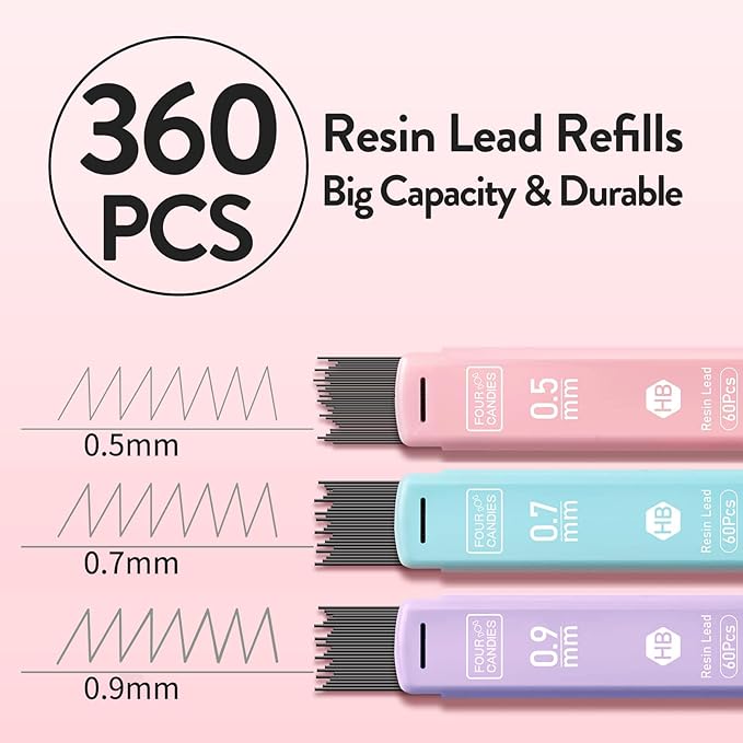 Four Candies Cute Mechanical Pencil Set, 6PCS Pastel Mechanical Pencils 0.5 mm & 0.7mm & 0.9mm with 360PCS Leads, 3PCS Erasers and 9PCS Eraser Refills, Aesthetic Pencils for Girls Writing, Art Drawing