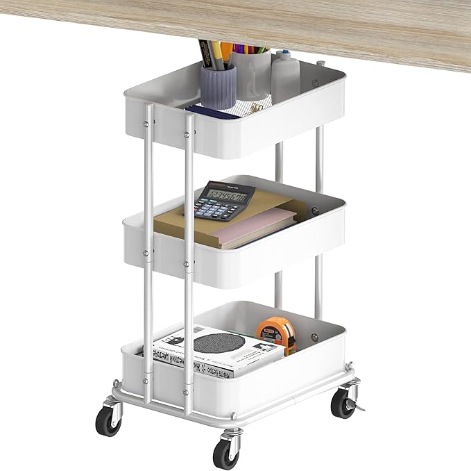 Simple Houseware 3-Tier Compact Utility Rolling Cart, Low 24” Height Fits Under Desk, Space-Saving Storage for Home Office, Dining Room, or Kitchen, White