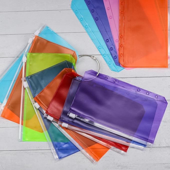 24Pcs A6 Binder Pockets 6 Holes Zipper Binder Pouch for Cash,ID Card,Credit Card, 8 Colors