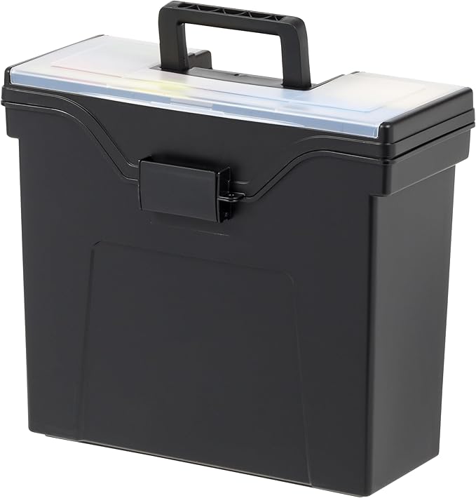 IRIS USA Portable File Box With Handle, Slim w/Organizer Lid, Plastic File Organizer Box for Letter Files, Hanging Filing Folder Organizer, Lockable, Secure Buckle, Black