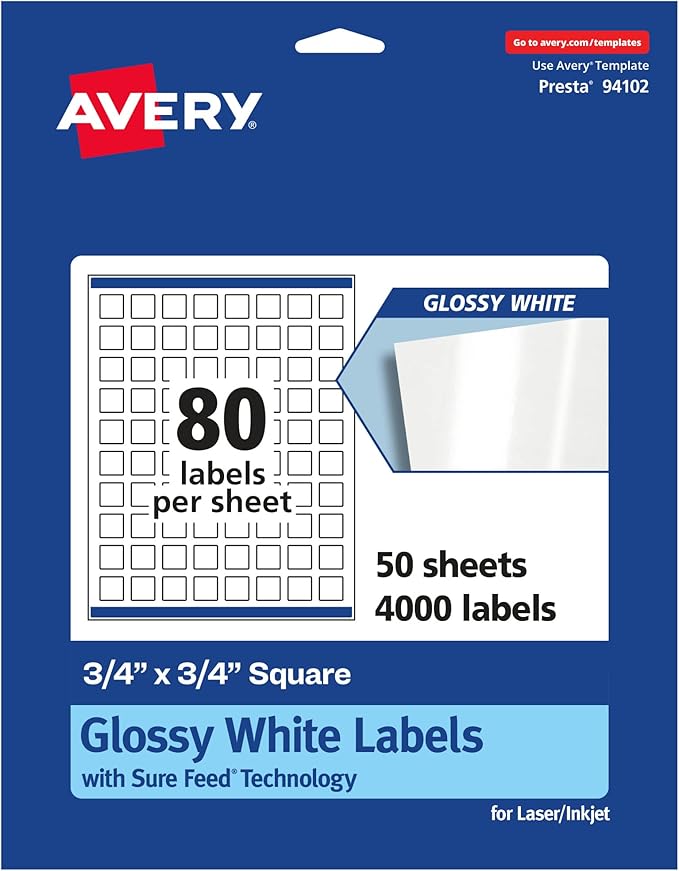 Avery Glossy White Square Labels, Sure Feed Technology, 3/4" x 3/4", 4,000 Glossy White Labels, Print-to-The-Edge, Permanent Adhesive, Laser/Inkjet Printable