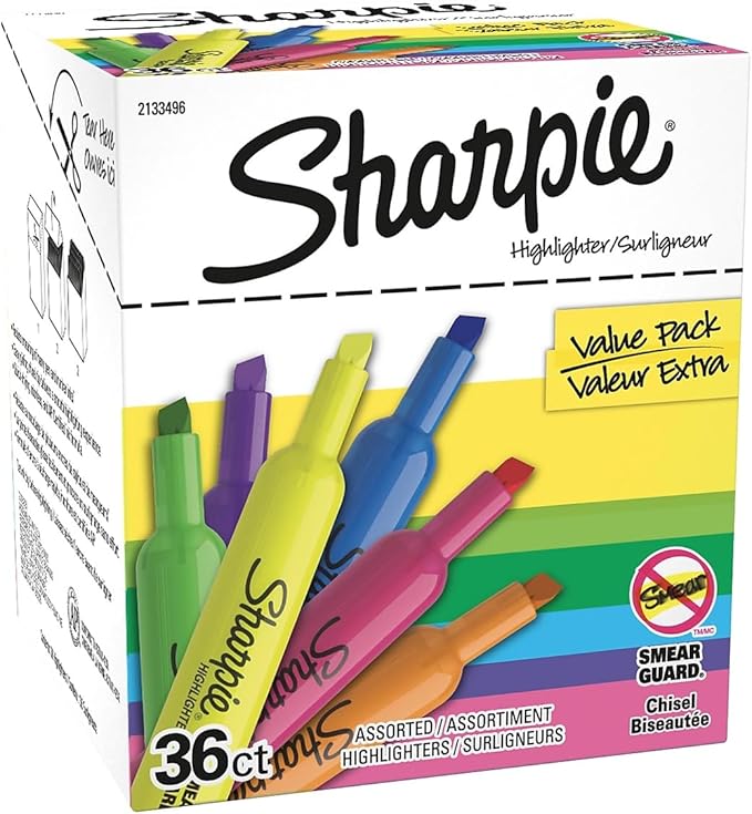 Sharpie Tank Highlighters, Fluorescent And Pastel Highlighters, Chisel Tip, Highlighter Markers Set, Assorted Colors, Value Pack, 36 Count - School, Office, Teacher Supplies