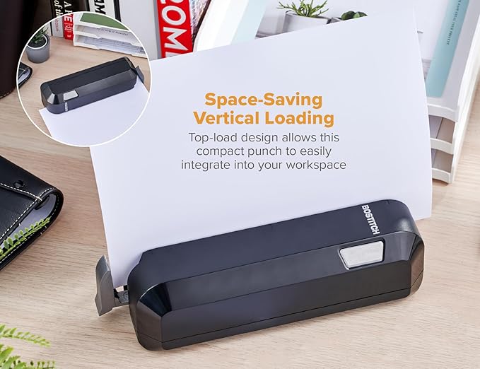 Bostitch Office Electric 3-Hole Punch, Dual Paper Loading, Heavy Duty, Jam-Free 20 Sheet Capacity, AC Adapter or Battery Powered, Space Saving, Black, (EHP20-BLK)