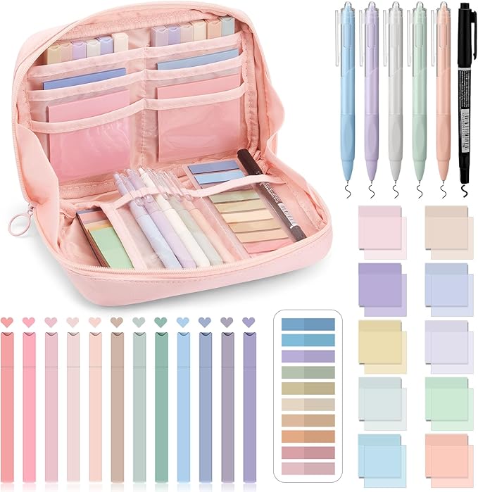 Jutom 39 Pcs Aesthetic Book Annotation Kit Highlighter with Pencil Case Bag Gel Pen Transparent Sticky Note Taking Bible Study College School Supplies(Pink,Kawaii Style)