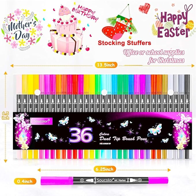Soucolor Art Brush Markers Pens for Adult Coloring Books, 36 Colors Numbered Dual Tip (Brush and Fine Point) Marker Pen for Note taking Planner Hand Lettering Calligraphy Drawing Journaling