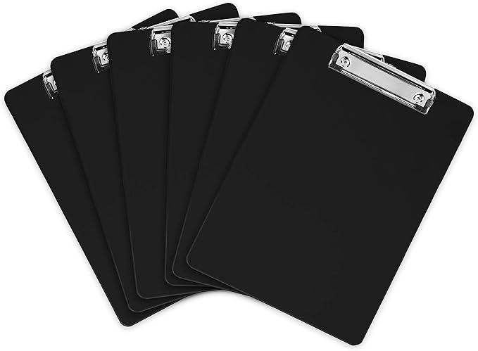Black Plastic Clipboards (Set of 6) Multipack - 12.5x9 Inch Clipboard Holds 100 Sheets, Low Profile | Colored Acrylic Clip Boards in Bulk for Kids & Professionals