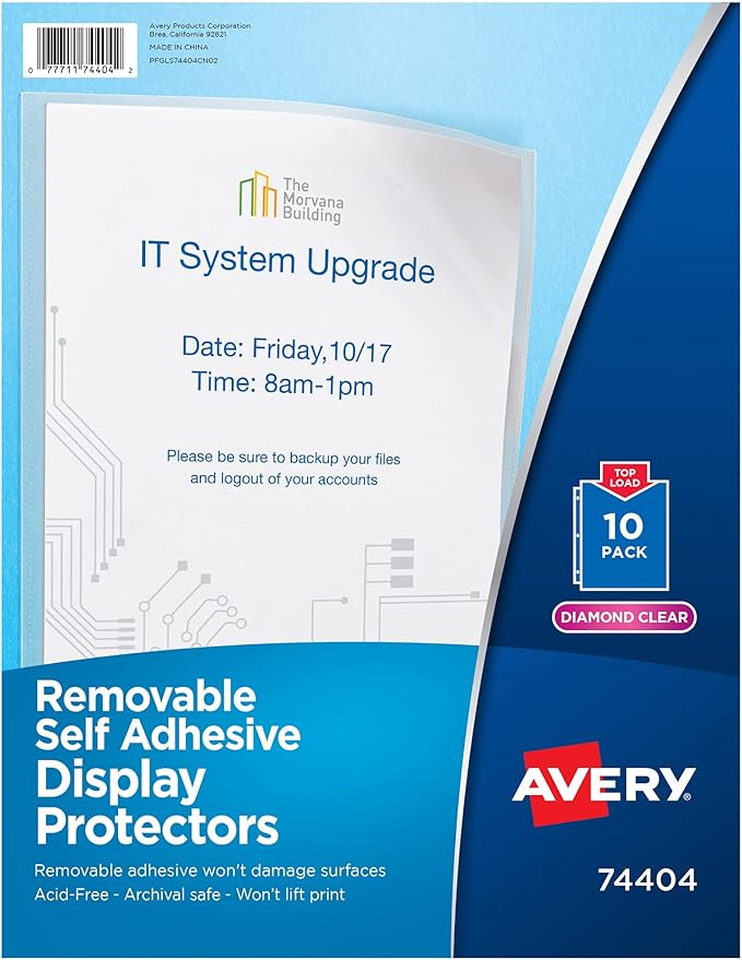 Avery Self-Adhesive Wall and Door Communication Display Protectors, 10 Clear Sleeves (74404)