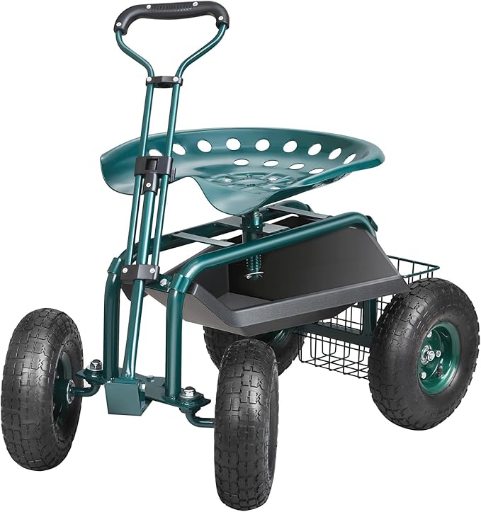 VEVOR Garden Cart Rolling Workseat with Wheels, Gardening Stool for Planting, 360 Degree Swivel Seat, Wagon Scooter with Steering Handle & Utility Tool Tray, Use for Patio, Yard, and Outdoors, Green