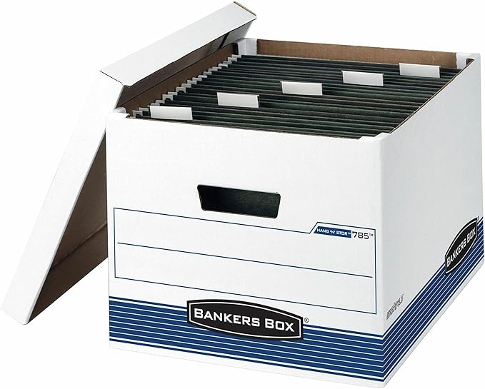 Bankers Box 4 Pack HANG'N'STOR Medium-Duty File Storage Boxes, FastFold, Lift-Off Lid, Letter/Legal, White/Blue