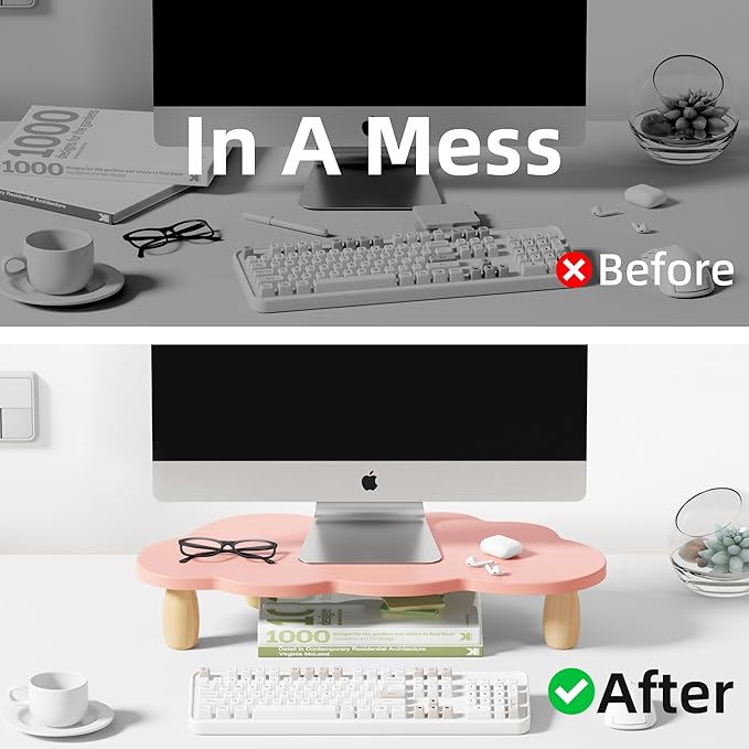 Monitor Stand Riser,Cloud-Shaped Sturdy Wood Computer Monitor Riser, Laptop Monitor Stand, Multi-Purpose Desktop Organizer Riser for Computer, Laptop, Printer, TV,Pink