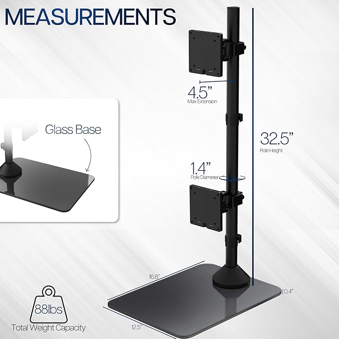 VIVO Dual Vertically Stacked Ultra-Wide Monitor Desk Stand with Glass Base, Extra Tall Adjustable Mount for 2 Ultrawide Screens up to 49 inches, 44 lbs Per Screen Capacity, Black, STAND-V202LG