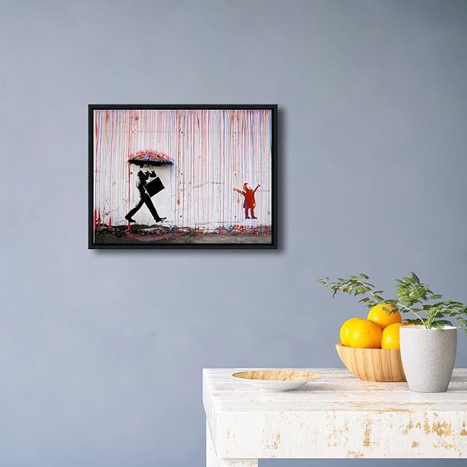 Wieco Art Framed Banksy Raining Day or Colorful Graffiti Street Famous Canvas Paintings Wall Art Modern Inspirational Grey Love Pictures Print Artwork for Home Office Decor