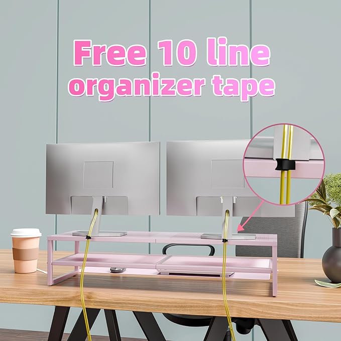 Simple Trending 2 Tier Metal Dual Monitor Stand Riser, Computer Office Desktop Organizer for 2 Monitors with 32"x10" Mouse Pad for Laptop, Printer, TV, Pink