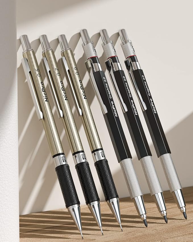 Nicpro 30PCS Art Mechanical Pencil Set in Leather Case, Metal Drafting Pencil 0.5 mm, 0.7 mm, 0.9 mm & 3 PCS 2mm Lead Holders for Sketching Drawing With 16 Tube (6B 4B 2B HB 2H 4H Colors) Lead Refills