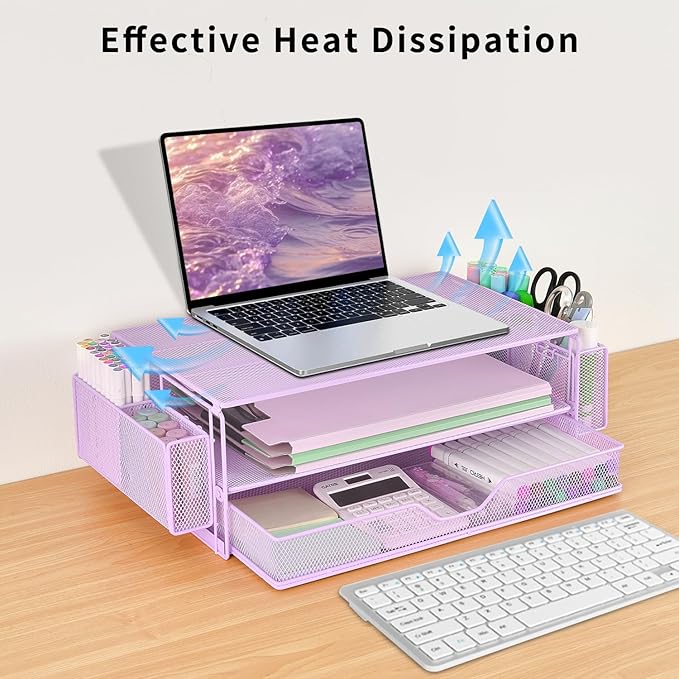 AUPSEN Computer Monitor Stands Riser，2-Tier Desk Organizers and Accessories, Office Desk Accessories Organizer with Drawers and 2 Pen Holder for Office Supplies (Purple)