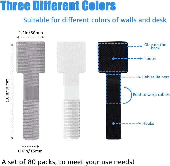 80PCS Hook and Loop Cable Ties, Hook and Loop Cable Straps, Under Desk Cable Management, Adhesive Cable Clips, Sticky-Back Cord Organizer for Desk, Household & Office Organization (White)