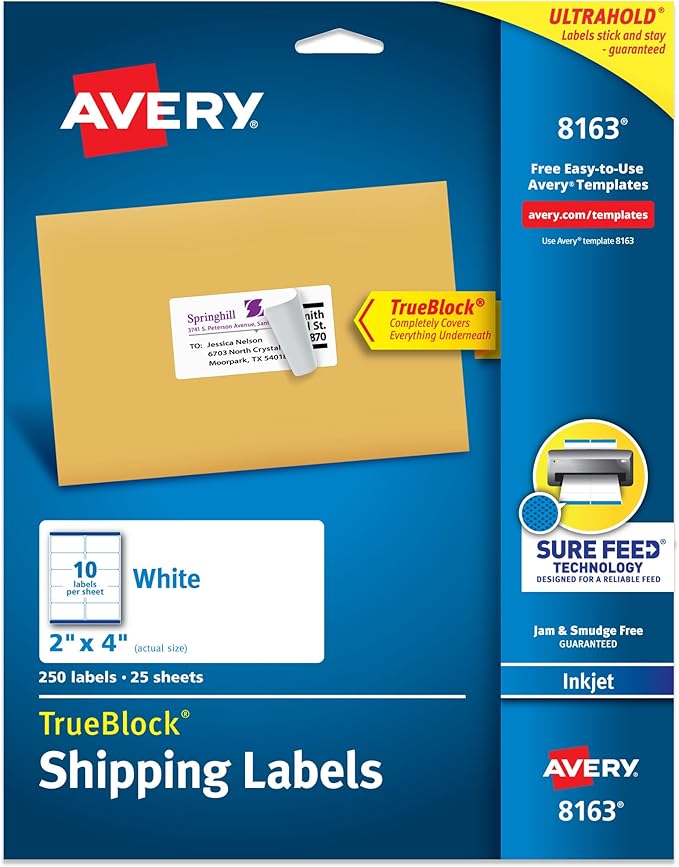 Avery Printable Shipping Labels with Sure Feed, 2" x 4" Customizable Stickers, White, 250 Blank Mailing Labels, Great for Mailing, Shipping, and More (8163)