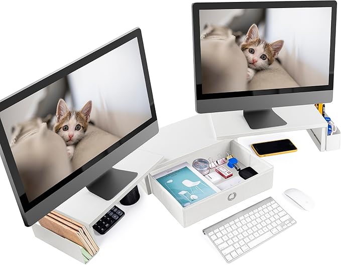 Dual Monitor Stand Riser w/ Drawer & Metal Leg, Large White Computer Monitor Riser w/ Storage For 2 Screens, Desk Shelf w/ Adjustable Length & Angle, Desktop Organizer