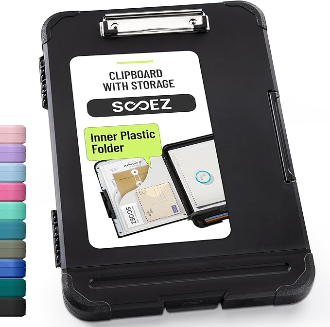 Sooez Reinforced Clipboard with Storage, Inner Plastic Folder Attached, Heavy Duty Plastic Clip Boards 8.5x11 with Pen Holder, High Capacity Nursing Clipboard for Teacher Office Home, Letter / A4 Size