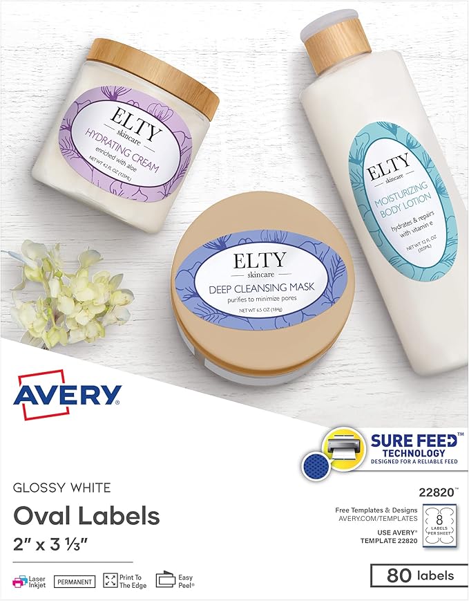 Avery Printable Blank Oval Labels, 2" x 3-1/3", Glossy White, 80 Customizable Labels (22820)