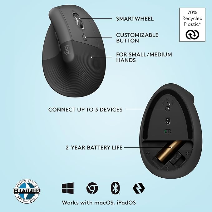 Logitech Lift Vertical Ergonomic Mouse, Wireless, Bluetooth or Logi Bolt USB Receiver, Quiet clicks, 4 Buttons, Compatible with Windows/macOS/iPadOS, Laptop, PC - Graphite (Renewed)
