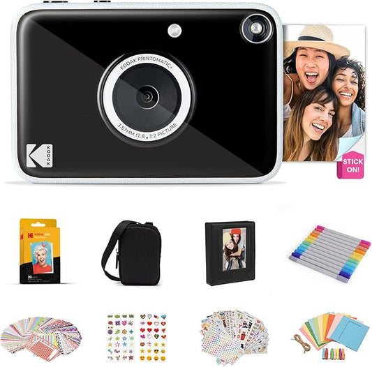 Kodak Printomatic+ Full Color Instant Print Digital Camera Gift Bundle + Case + Zink 2x3 Sticky Back Photo Paper 20pk + Album + Sticker Sets + Sticker Frames + Hanging Frames + Markers Black