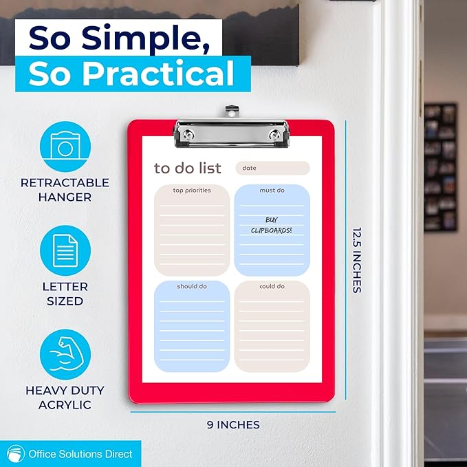 Red Plastic Clipboards (Set of 12) Multi Pack Clipboard - Strong 12.5 x 9 Inch | Holds 100 Sheets! Acrylic Clipboards with Low Profile Clip | Cute Aesthetic College School Supplies for Girls & Boys