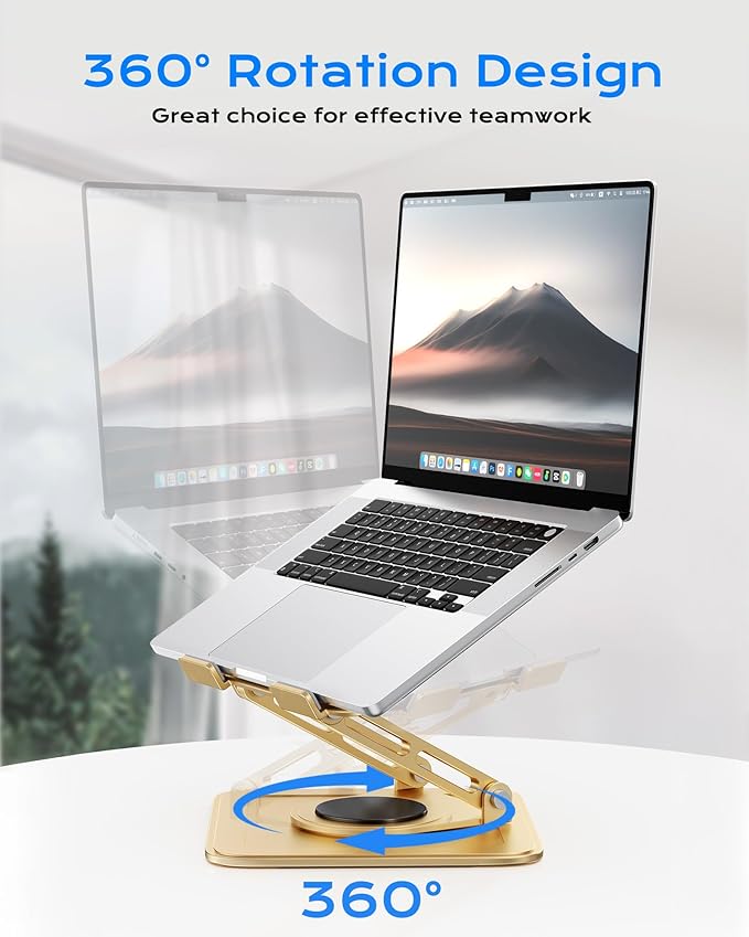 Adjustable Laptop Stand, Computer Stand with 360 Rotating Base, Ergonomic Laptop Riser Mount for Desk Foldable Protable Computer Desk Fits with MacBook Pro Air (10-16") - Gold