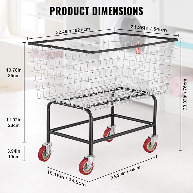 VEVOR Wire Laundry Cart, 3.8Bushel Wire Laundry Basket with Wheels, 32.5''x21.3''x29.9'', Commercial Laundry Basket, Steel Frame with Chrome Finish, 4'' Casters, Wire Cart for Laundry