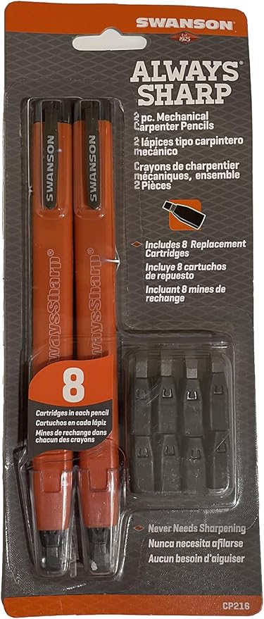 Swanson Tool Co CP216 AlwaysSharp Refillable Mechanical Carpenter Pencil, Two Pack, with 8 More Replacement Black Graphite Tips