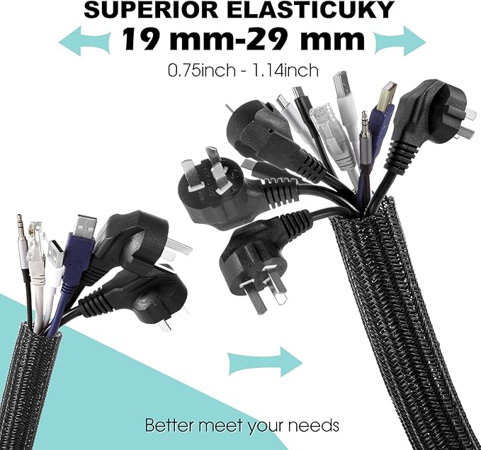 AGPTEK Cable Sleeve Cover, 2 Pack 5ft - 1.2 inch Desk Cord Organizer Cable Hider, Home Office Wire Management Computer TV Wire Loom Tubing, Pet Proof Cord Protector, from Cat Dog Chewing, Black