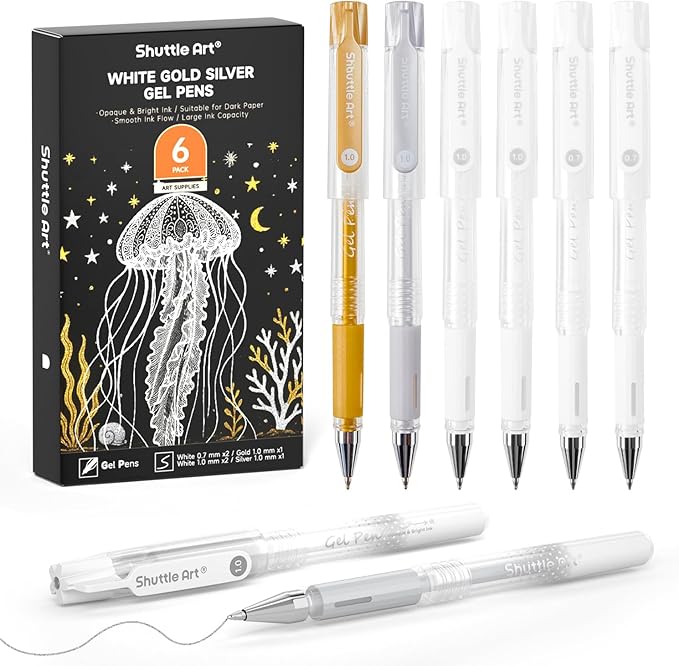 Shuttle Art White Gold Silver Gel Pens, 6 Pack 0.7mm, 1.0mm Metallic Gel Ink Pens Fine Point for Black Paper Highlighting Card Making Scrapbooking Coloring Writing Drawing School Office Home