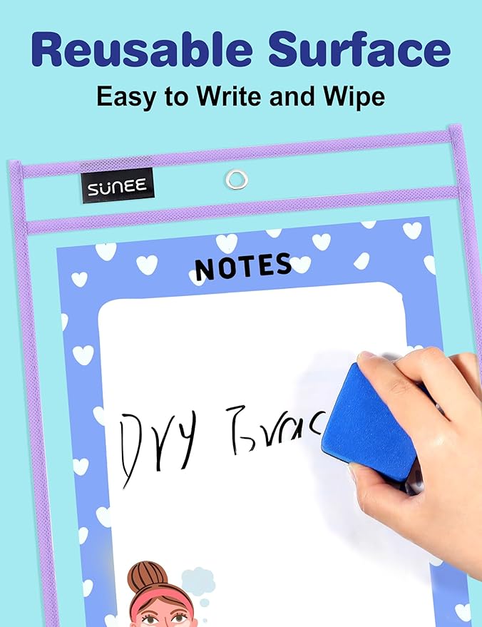 SUNEE 35 Packs Oversized Reusable Dry Erase Pocket Sleeves with 2 Rings, 10 Morandi Colors 10x14 Ticket Holders, Clear Plastic Sheet Protectors, Teacher School Classroom Supplies