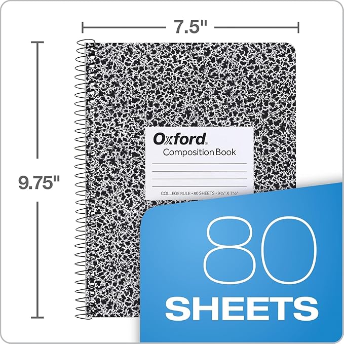 Oxford Spiral Composition Notebooks, 4 Pack, College Ruled Paper, 9-3/4 x 7-1/2 Inches, 80 Sheets, Black Marble Cover (64951)