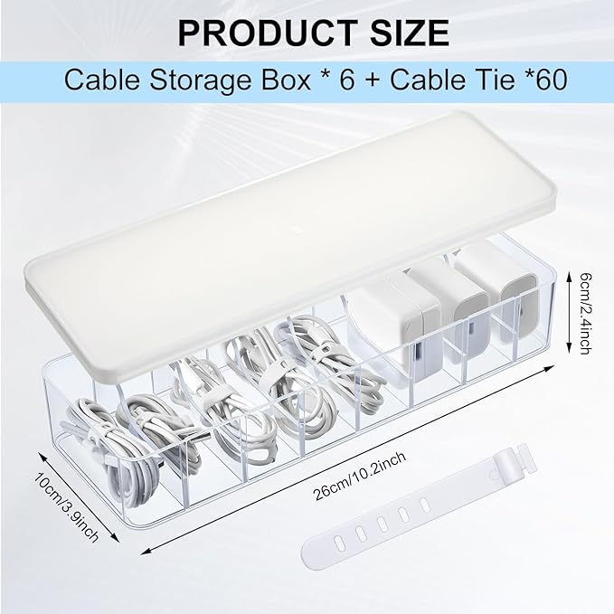 Tatuo 6 Pcs Cable Organizer Box with Wire Ties, Plastic Cord Storage Box with Lid, Electronics Organizer for Home Office Desk Organizers and Accessories (Clear,White)