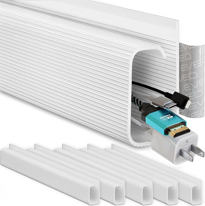 EVEO Cable Management 96'' J Channel- 6 Pack Cord Cover- Cable Raceway- Cable Management Under Desk with Adhesive Stripe Built-in 6 X 16in- Easy to Install Desk Cord Organizer- Cable Raceway, White