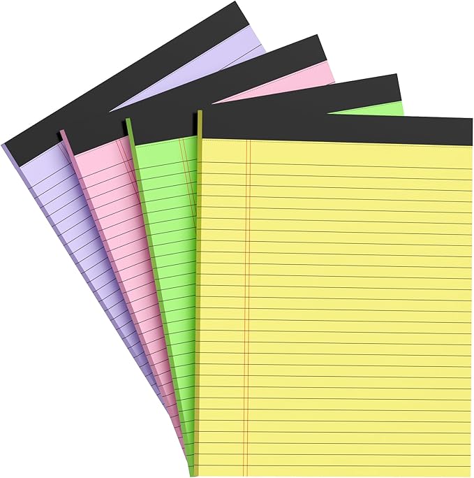 Colored Legal Pads 8.5 x 11 Note Pads, Wide Ruled Sturdy Back Writing Pads 30 Sheets/Pad, 20lb Colored Paper, Perforated Notepad with Sturdy Back (4 Pads)